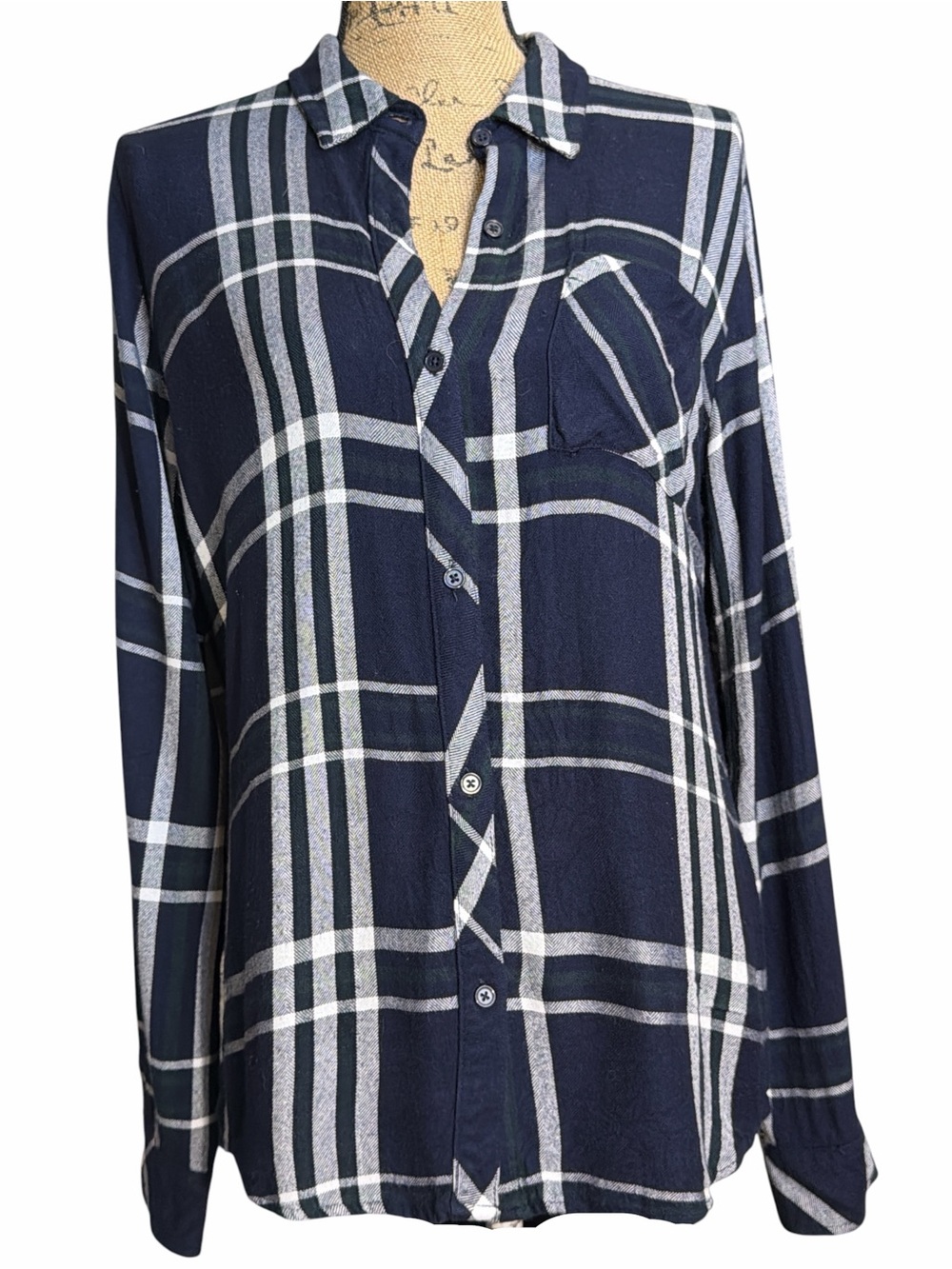 Workshop Republic Clothing Navy and White Plaid Button-Down Shirt. EC Size large